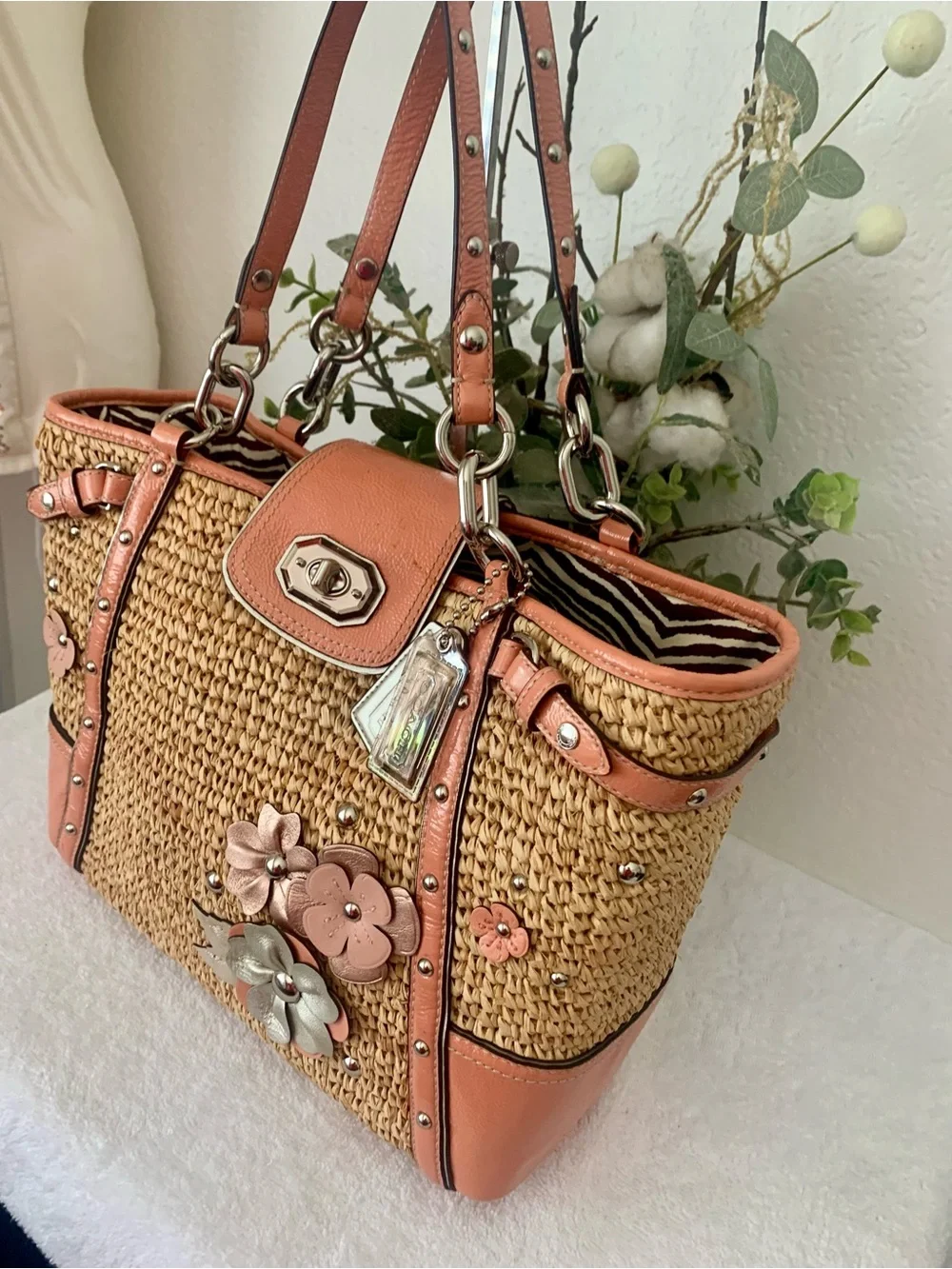 Coach Hamptons Woven Straw Coral Appliqué/Floral Embellished Shoulder/Tote Bag